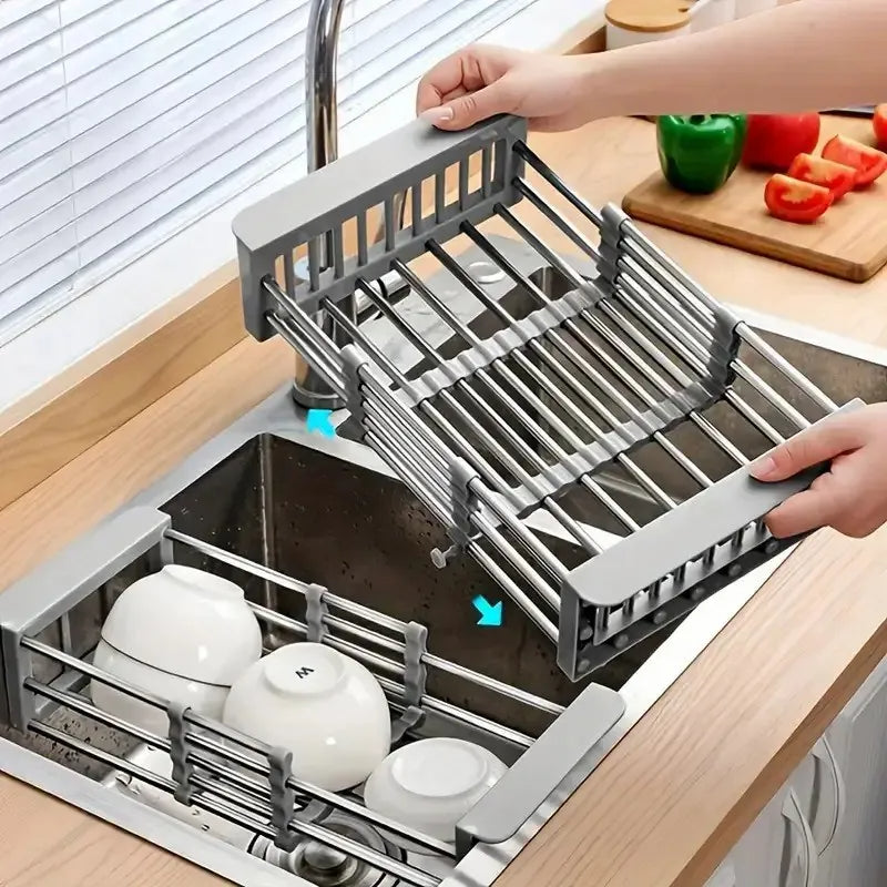 Adjustable Sink Dish Drying Rack with Stainless Steel Drain Basket, Portable & Space-Saving Design