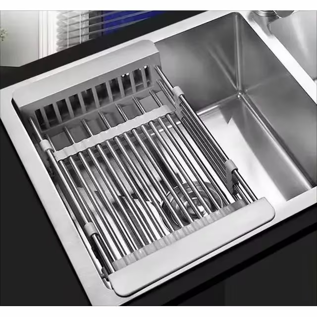 Adjustable Sink Dish Drying Rack with Stainless Steel Drain Basket, Portable & Space-Saving Design