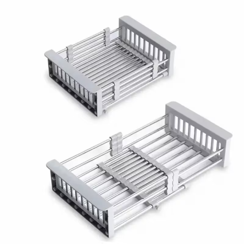 Adjustable Sink Dish Drying Rack with Stainless Steel Drain Basket, Portable & Space-Saving Design