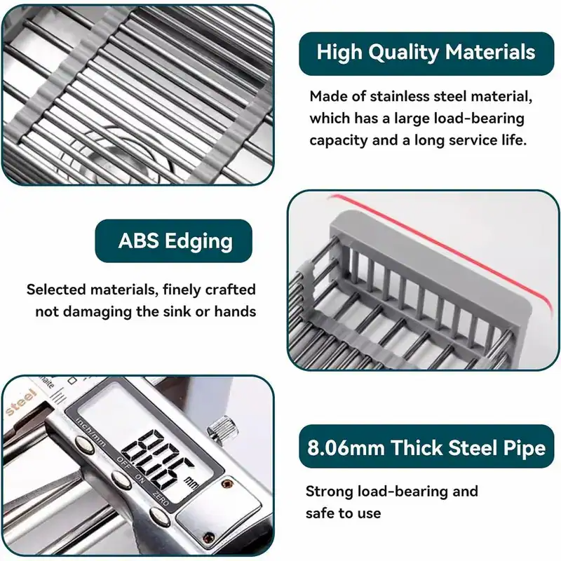 Adjustable Sink Dish Drying Rack with Stainless Steel Drain Basket, Portable & Space-Saving Design