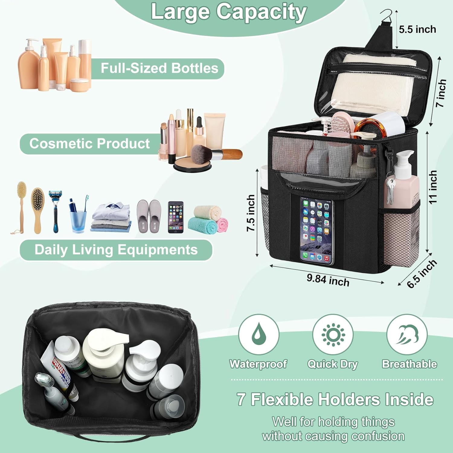 Portable Shower Caddy Tote, Quick-Dry Hanging Toiletry Bag for Dorm, Camping, Gym & Travel