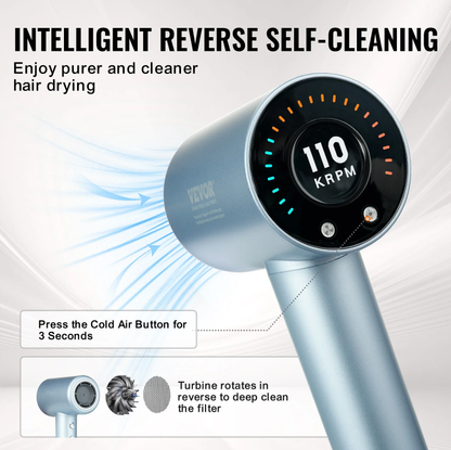 Vevor High-Speed Hair Dryer, 105,000RPM Brushless Motor, 4 Temps, LCD Display, Diffuser & Nozzle