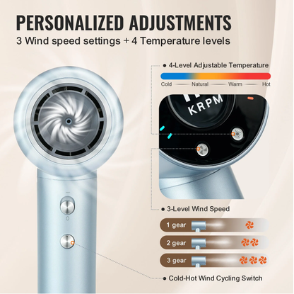 Vevor High-Speed Hair Dryer, 105,000RPM Brushless Motor, 4 Temps, LCD Display, Diffuser & Nozzle