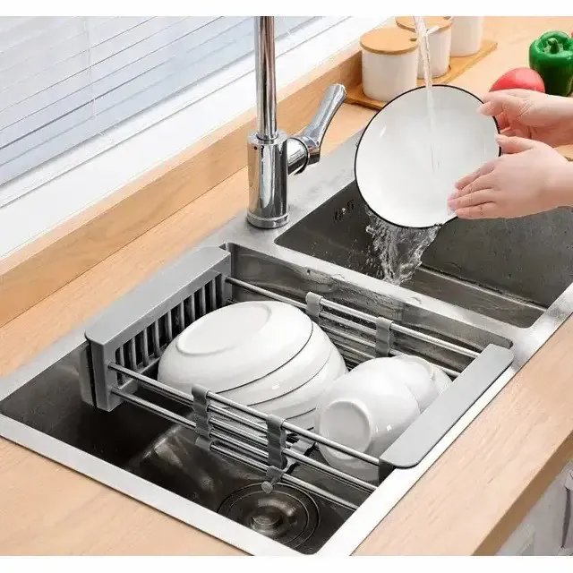 Adjustable Sink Dish Drying Rack with Stainless Steel Drain Basket, Portable & Space-Saving Design