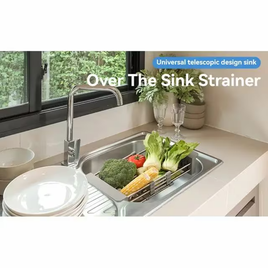 Adjustable Sink Dish Drying Rack with Stainless Steel Drain Basket, Portable & Space-Saving Design