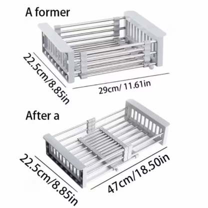 Adjustable Sink Dish Drying Rack with Stainless Steel Drain Basket, Portable & Space-Saving Design