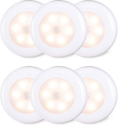 6-Pack Motion Sensor LED Puck Lights, Battery-Operated for Stairs, Closet, Under Cabinet (Cool White)