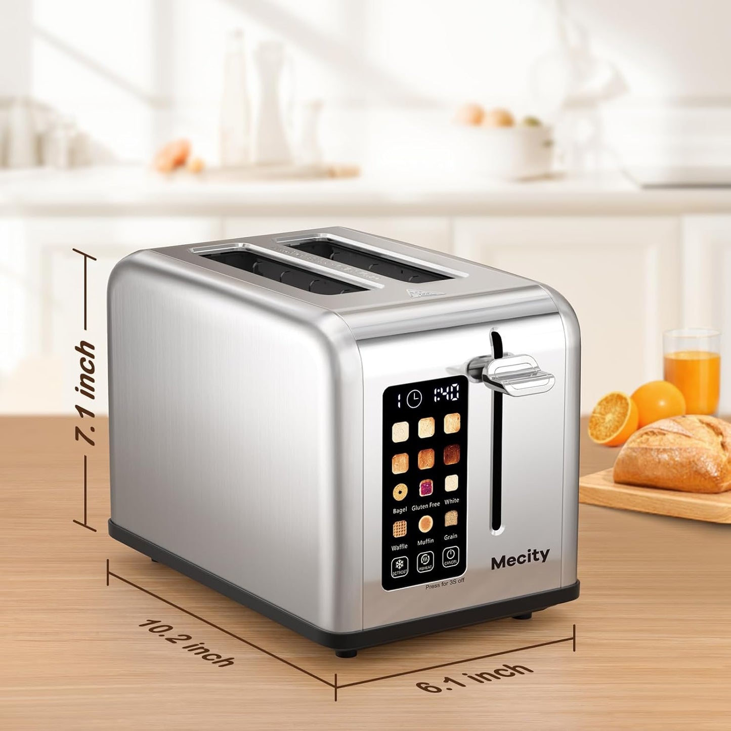 2-Slice Touchscreen Toaster, 1.5" Wide Slot, Stainless Steel, Timer, Defrost & Reheat (825W)