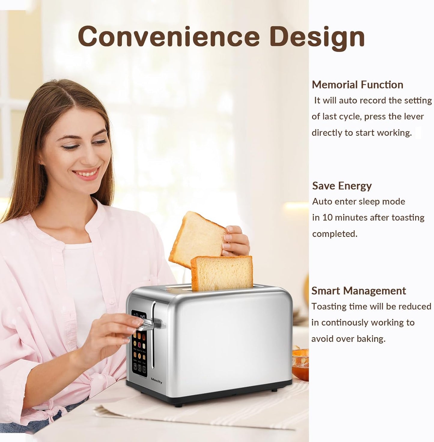 2-Slice Touchscreen Toaster, 1.5" Wide Slot, Stainless Steel, Timer, Defrost & Reheat (825W)