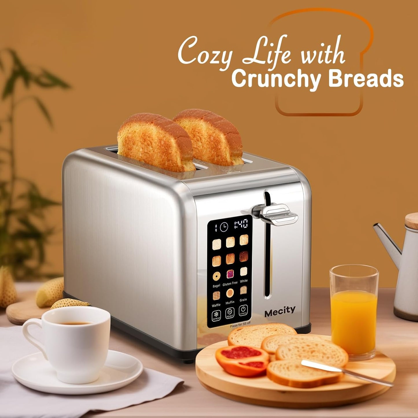 2-Slice Touchscreen Toaster, 1.5" Wide Slot, Stainless Steel, Timer, Defrost & Reheat (825W)