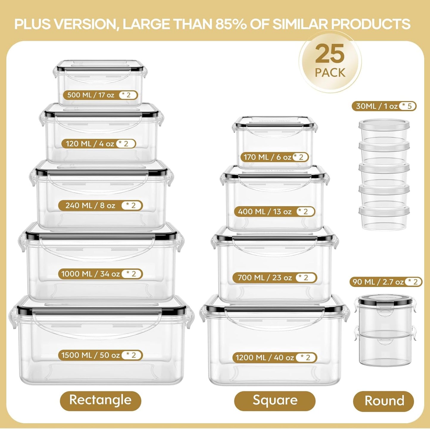 50-Piece Airtight Food Storage Containers, Reusable Meal Prep Set with Labels & Marker Pen(25 Containers & 25 Lids)