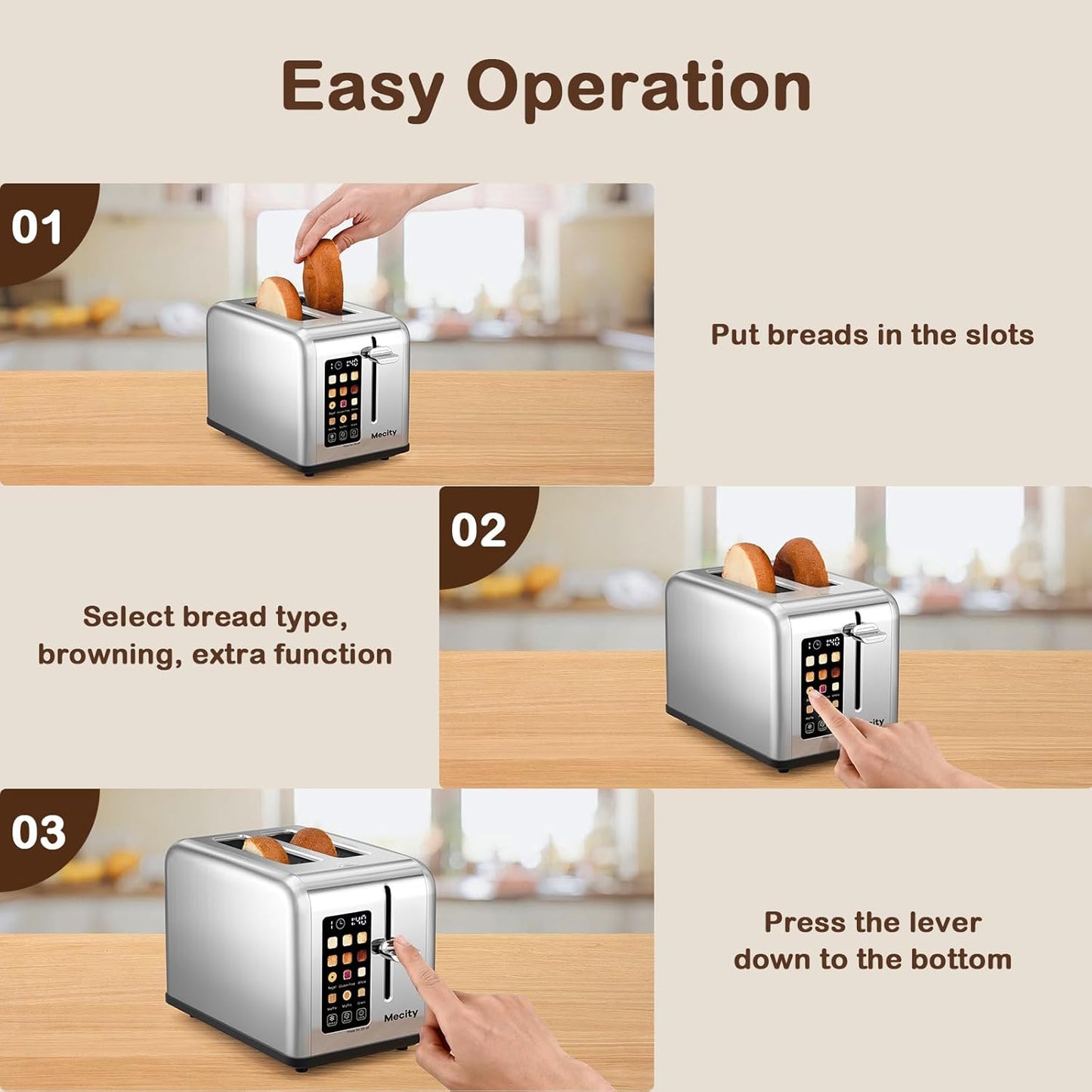 2-Slice Touchscreen Toaster, 1.5" Wide Slot, Stainless Steel, Timer, Defrost & Reheat (825W)