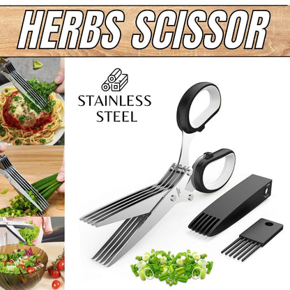 Stainless Steel Herb Scissors with Multi Blades, Fast-Cutting Shears for Kitchen Use