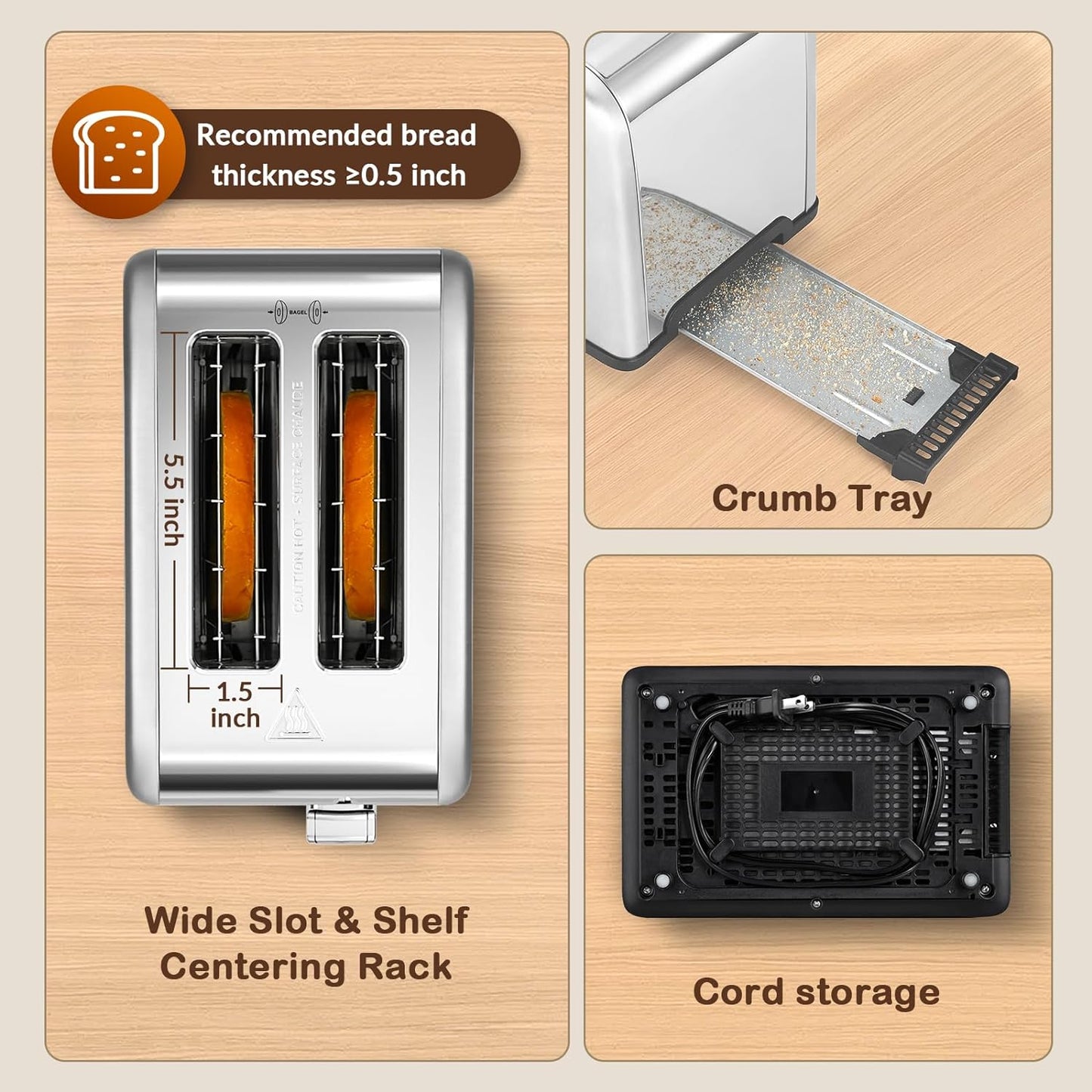 2-Slice Touchscreen Toaster, 1.5" Wide Slot, Stainless Steel, Timer, Defrost & Reheat (825W)