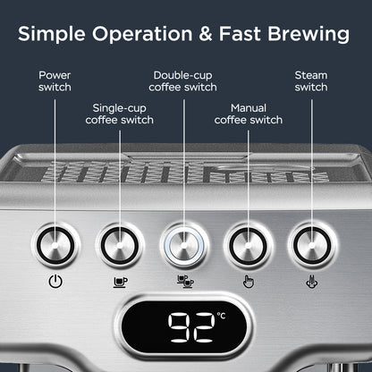 Geek Chef 20-Bar Espresso Machine with Milk Frother, 1.8L Tank, Stainless Steel for Home Use