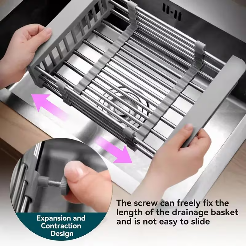 Adjustable Sink Dish Drying Rack with Stainless Steel Drain Basket, Portable & Space-Saving Design