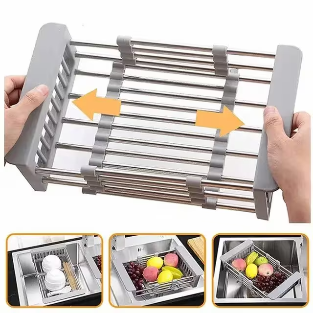 Adjustable Sink Dish Drying Rack with Stainless Steel Drain Basket, Portable & Space-Saving Design