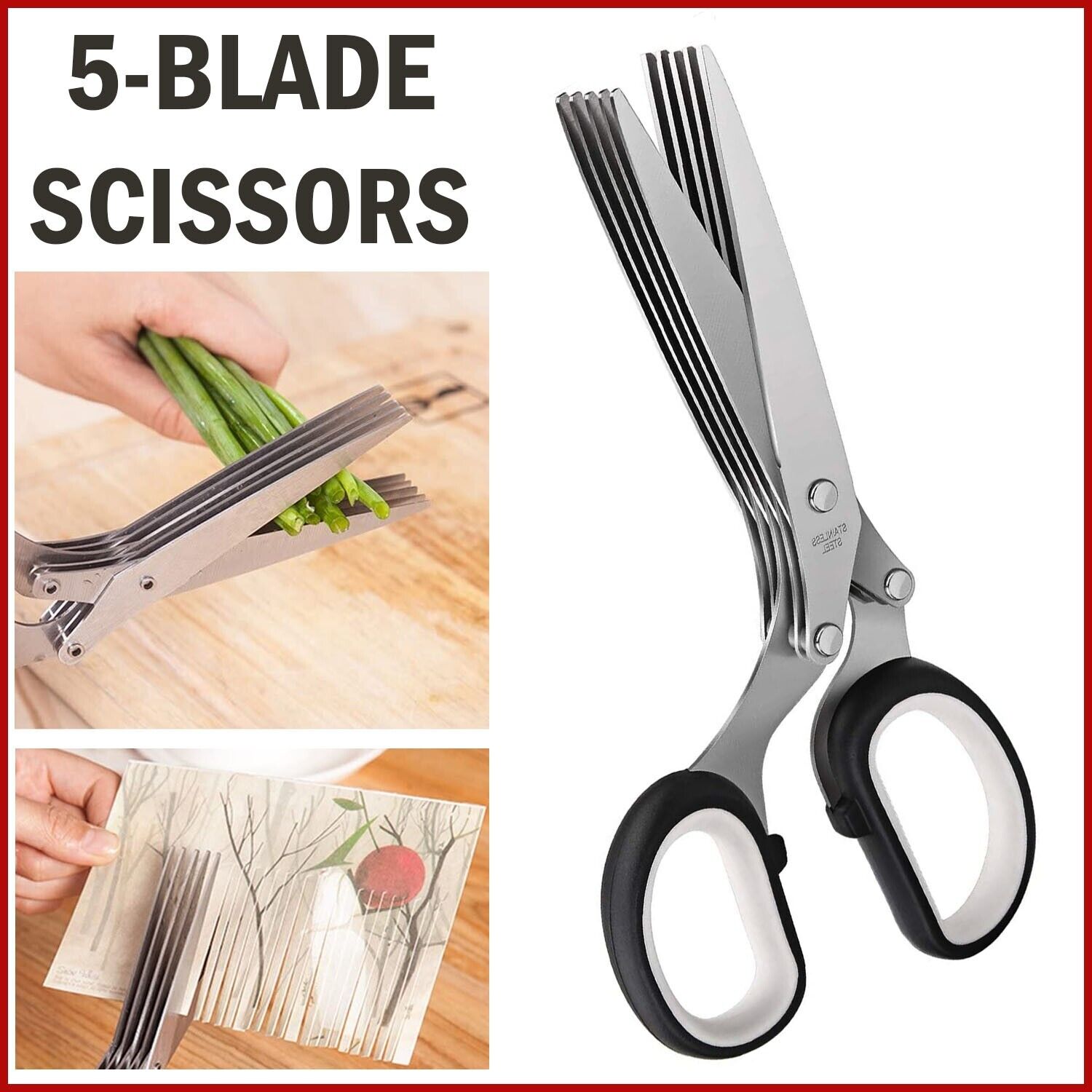 Stainless Steel Herb Scissors with Multi Blades, Fast-Cutting Shears for Kitchen Use