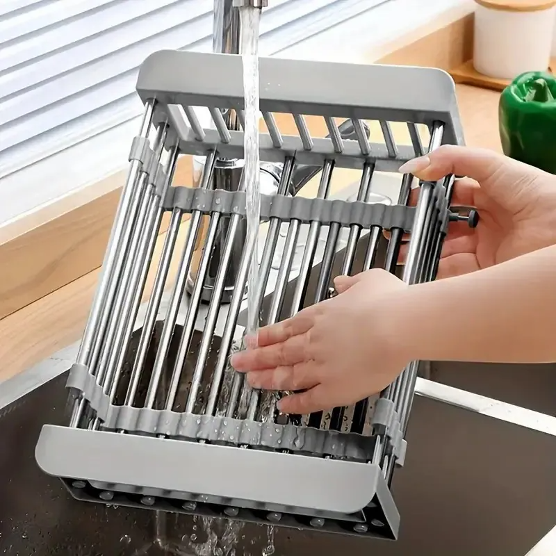 Adjustable Sink Dish Drying Rack with Stainless Steel Drain Basket, Portable & Space-Saving Design