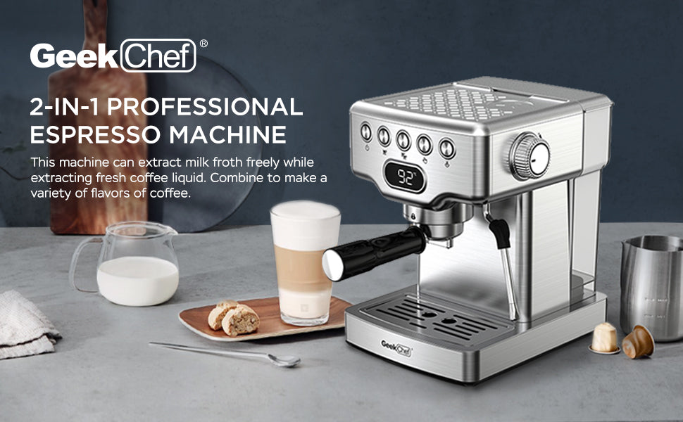 Geek Chef 20-Bar Espresso Machine with Milk Frother, 1.8L Tank, Stainless Steel for Home Use