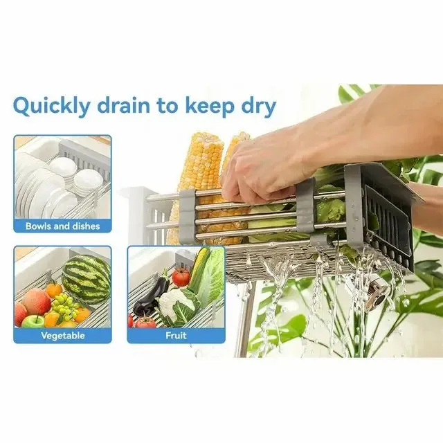 Adjustable Sink Dish Drying Rack with Stainless Steel Drain Basket, Portable & Space-Saving Design